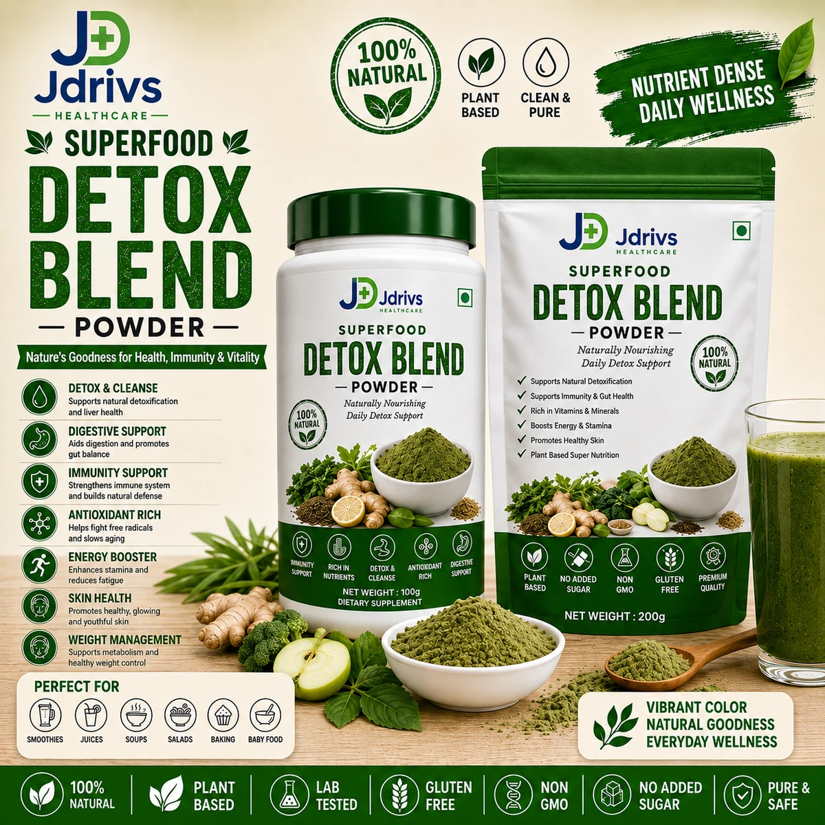 Jdrivs Superfood Detox Blend Powder - 100g jar and 200g pouch