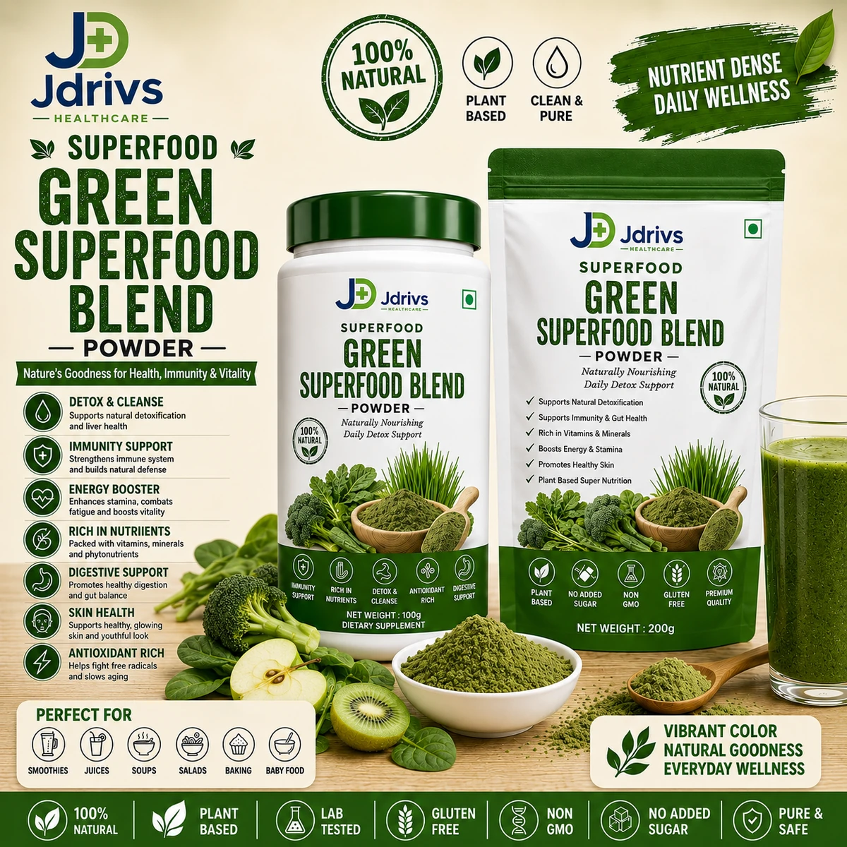 Jdrivs Superfood Green Superfood Blend Powder - 100g jar and 200g pouch