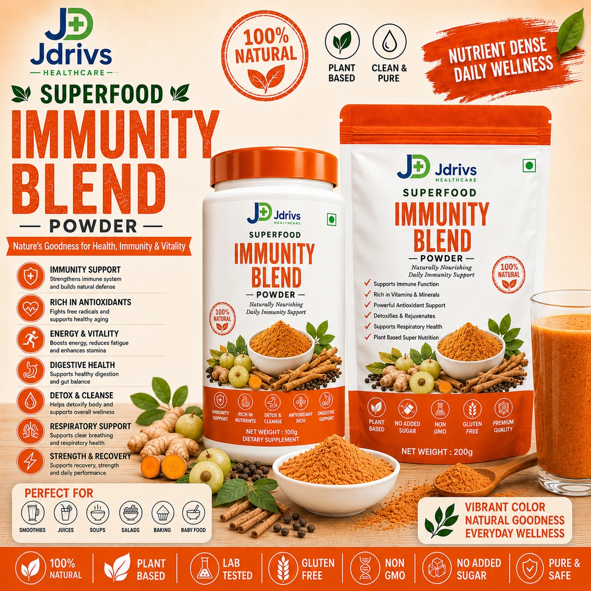 Jdrivs Superfood Immunity Blend Powder - 100g jar and 200g pouch