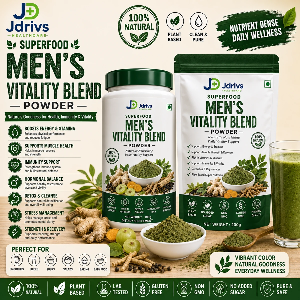 Jdrivs Superfood Men’s Vitality Blend Powder for energy and stamina - 100g jar and 200g pouch