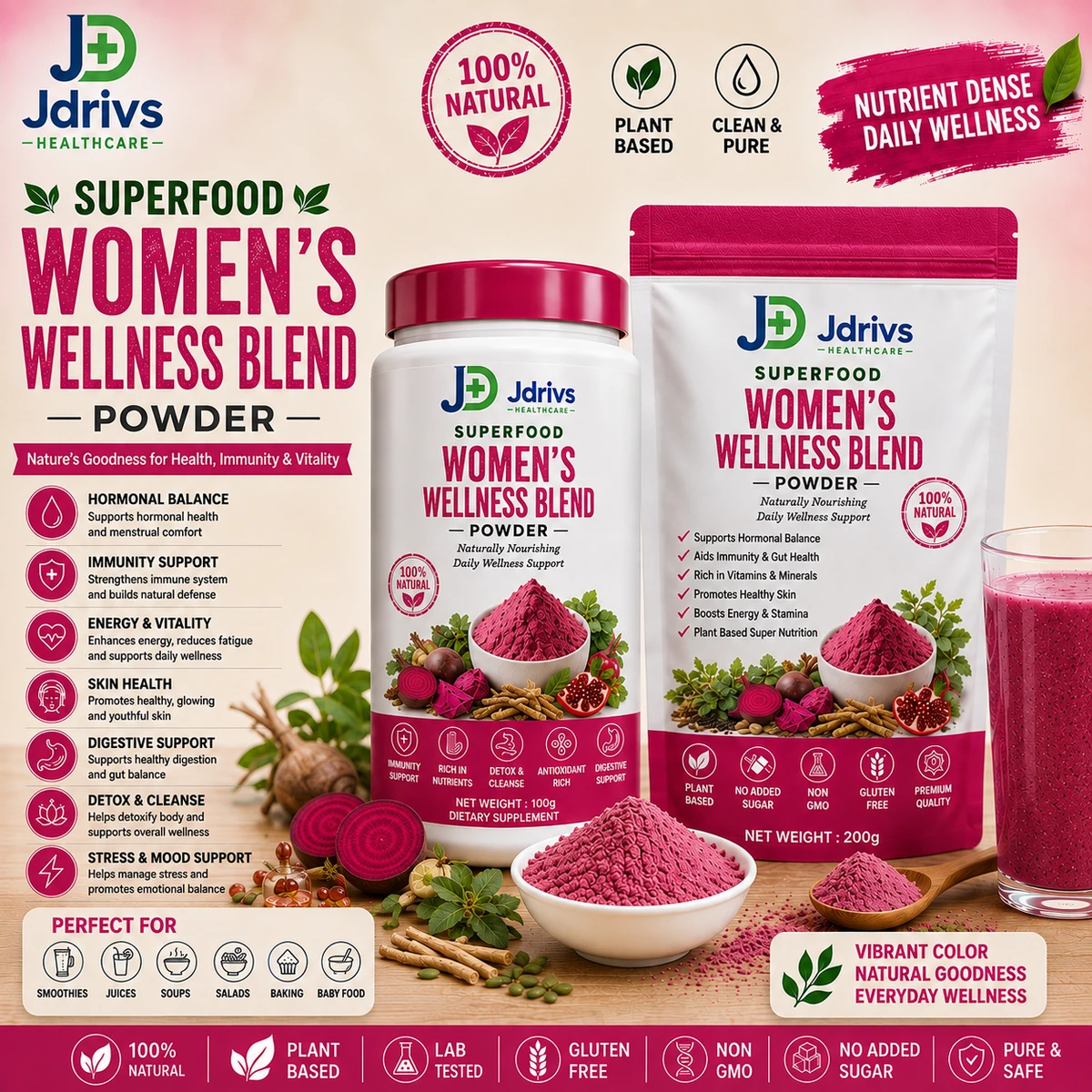 Jdrivs Superfood Women’s Wellness Blend Powder for hormonal balance - 100g jar and 200g pouch
