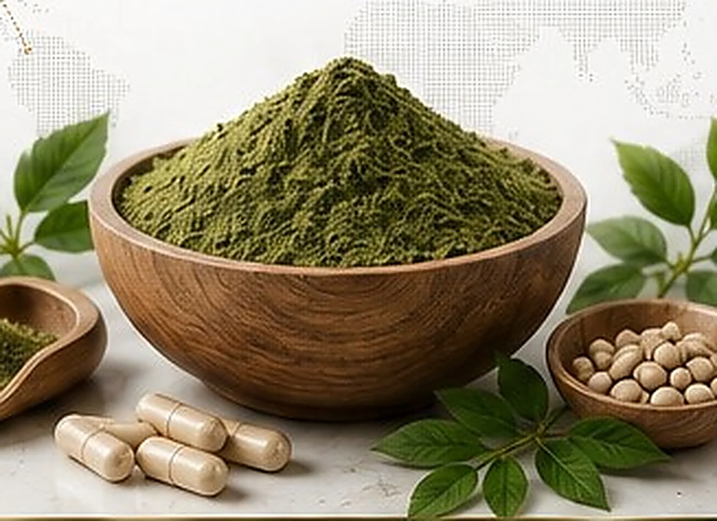 Bowl of Moringa leaf powder with capsules and botanicals