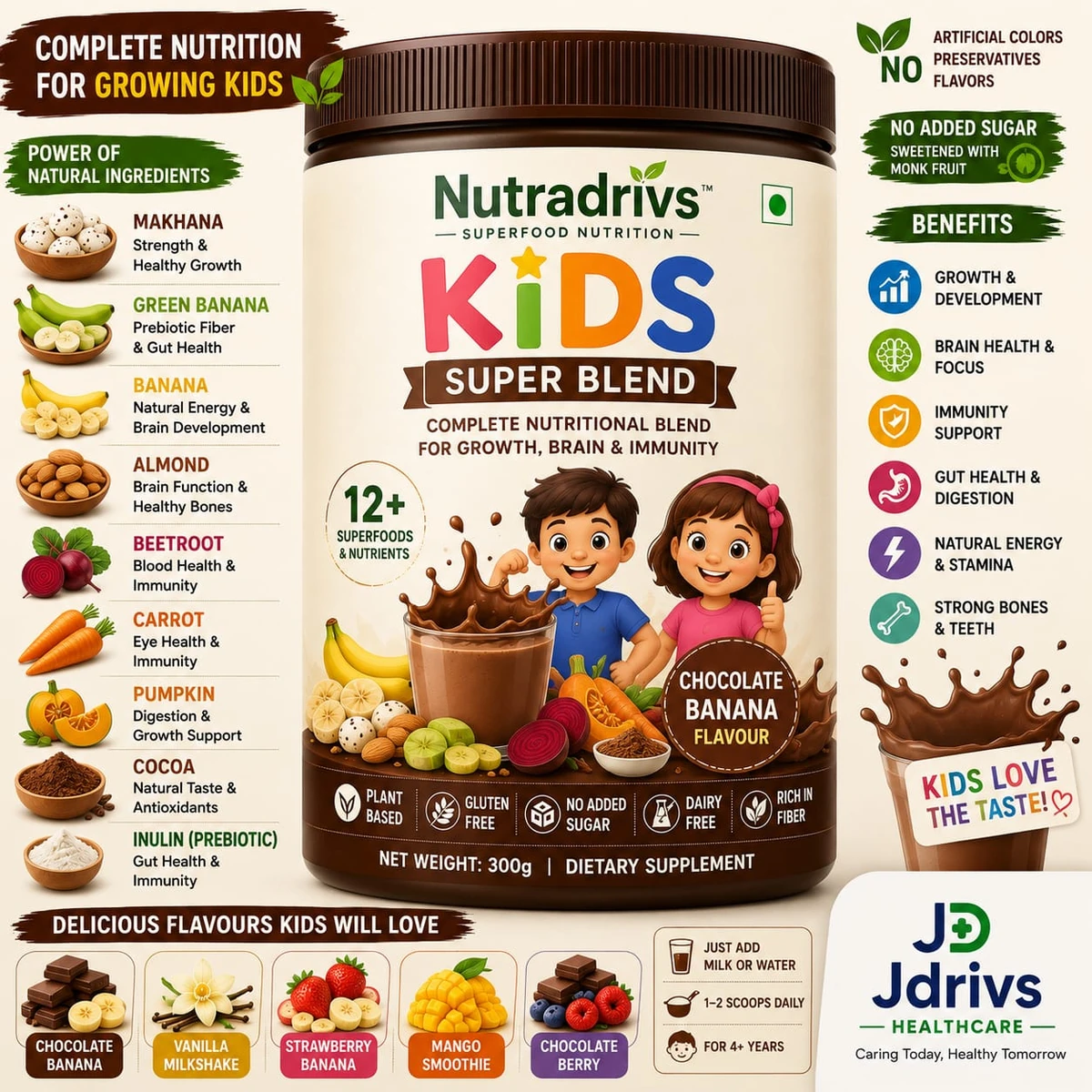 Nutradrivs Kids Super Blend 300 g jar, chocolate banana flavour - complete nutritional blend for growing kids