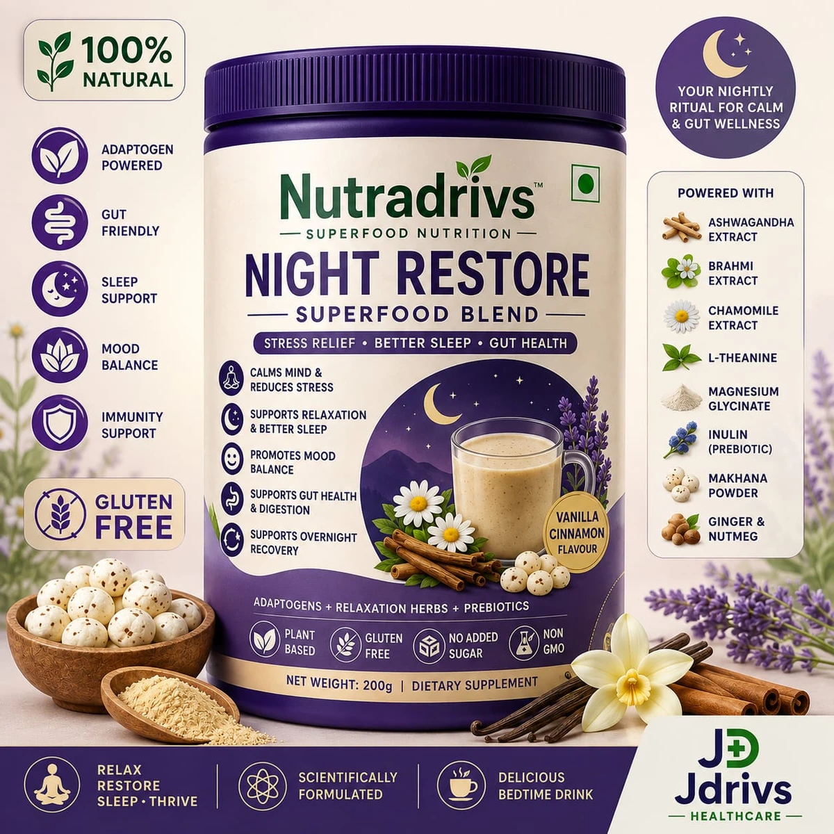 Nutradrivs Night Restore superfood blend 200 g jar, vanilla cinnamon flavour - ashwagandha, brahmi, chamomile, L-theanine and magnesium