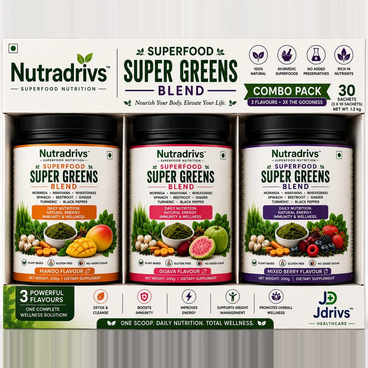 Nutradrivs Super Greens Blend combo pack of three 200 g jars - Mango, Guava and Mixed Berry flavours