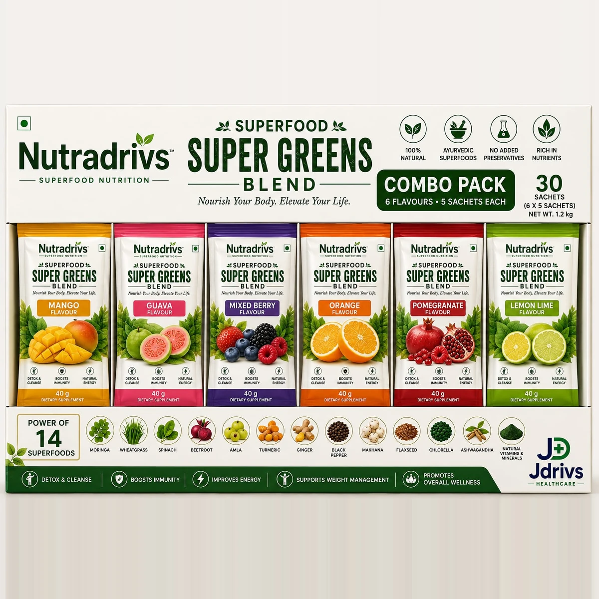 Nutradrivs Super Greens Blend 30-sachet combo pack - Mango, Guava, Mixed Berry, Orange, Pomegranate and Lemon Lime flavours