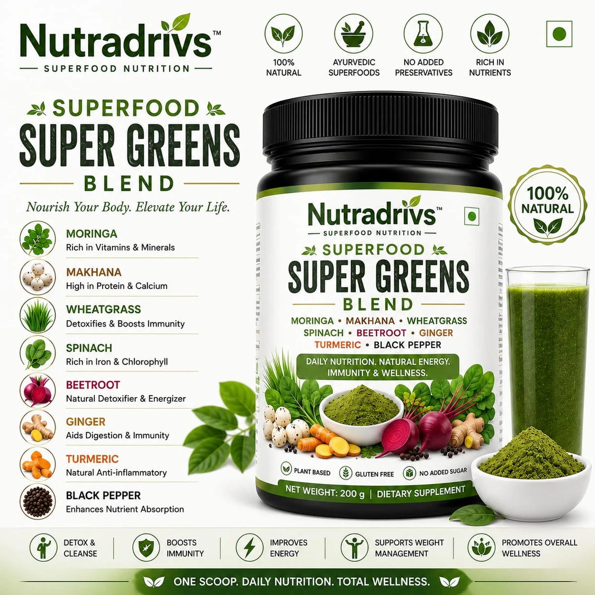 Nutradrivs Super Greens Blend 200 g jar - moringa, makhana, wheatgrass, spinach, beetroot, ginger, turmeric and black pepper