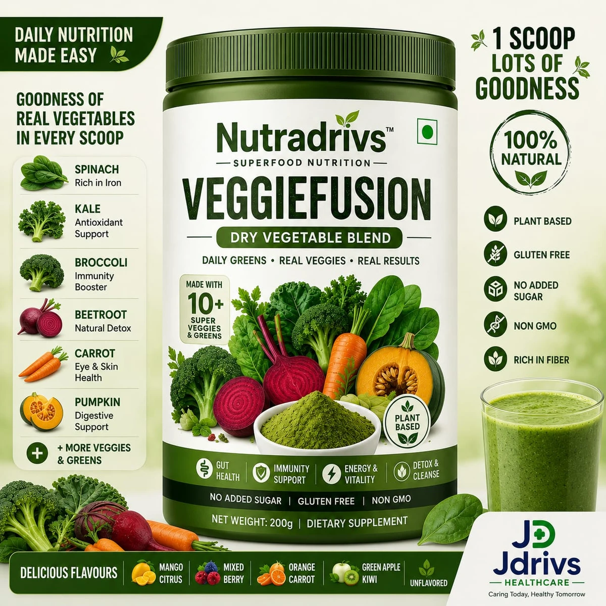 Nutradrivs VeggieFusion dry vegetable blend 200 g jar - spinach, kale, broccoli, beetroot, carrot and pumpkin