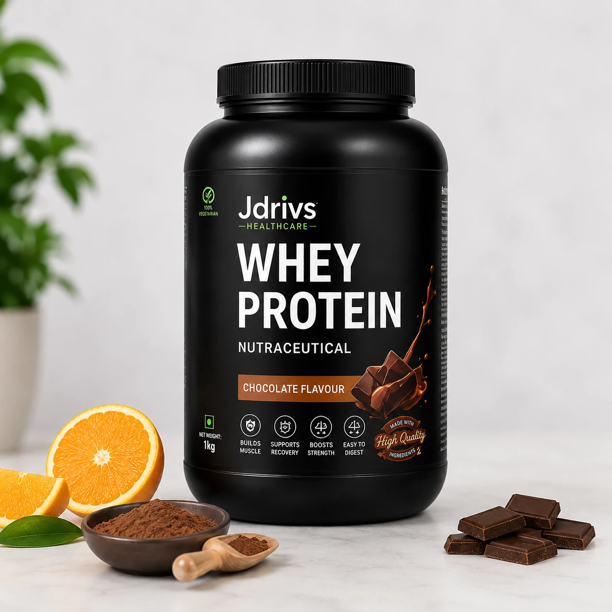 Jdrivs Whey Protein nutraceutical powder, chocolate flavour, 1kg jar