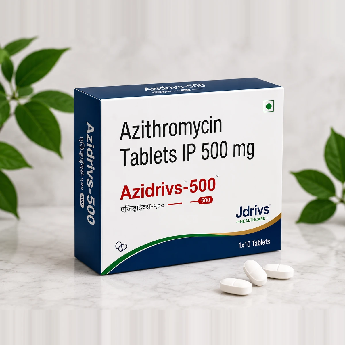 Azidrivs-500 Azithromycin Tablets IP 500mg carton by Jdrivs Healthcare, 1 x 10 tablets