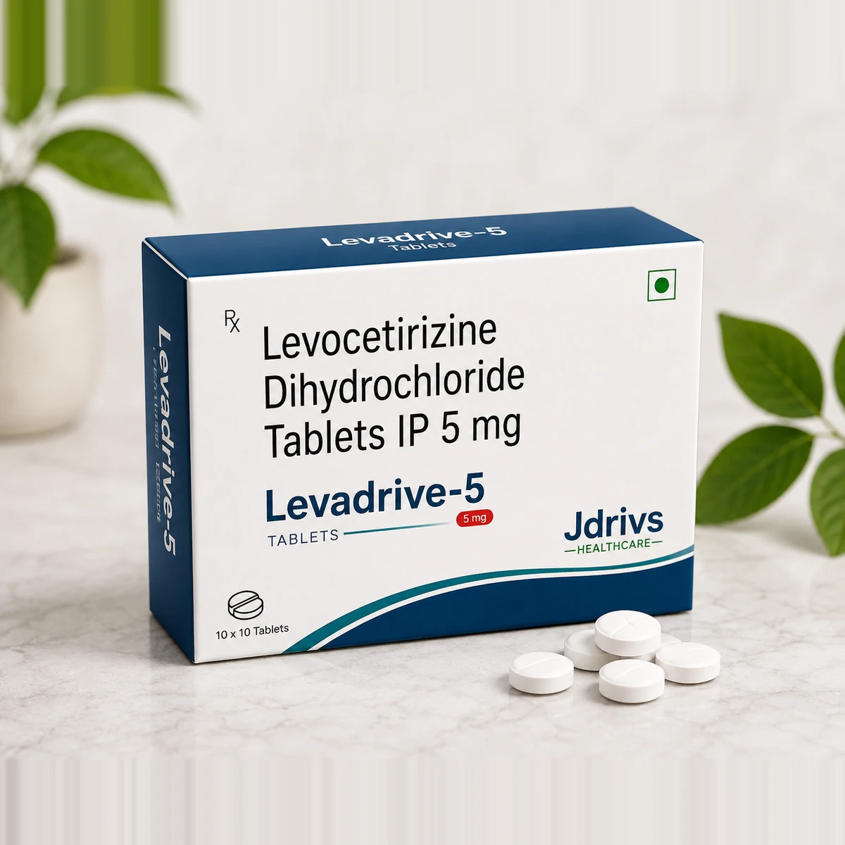 Levadrive-5 carton, Levocetirizine Dihydrochloride Tablets IP 5mg, 10 x 10 tablets