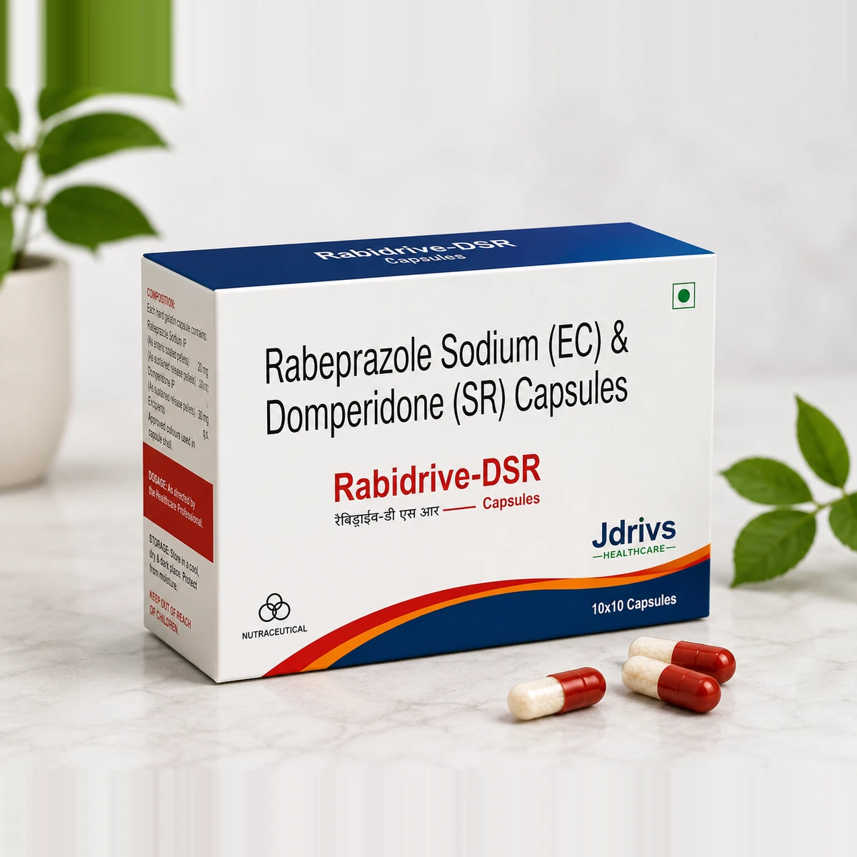 Rabidrive-DSR carton, Rabeprazole Sodium (EC) 20mg and Domperidone (SR) 30mg capsules, 10 x 10