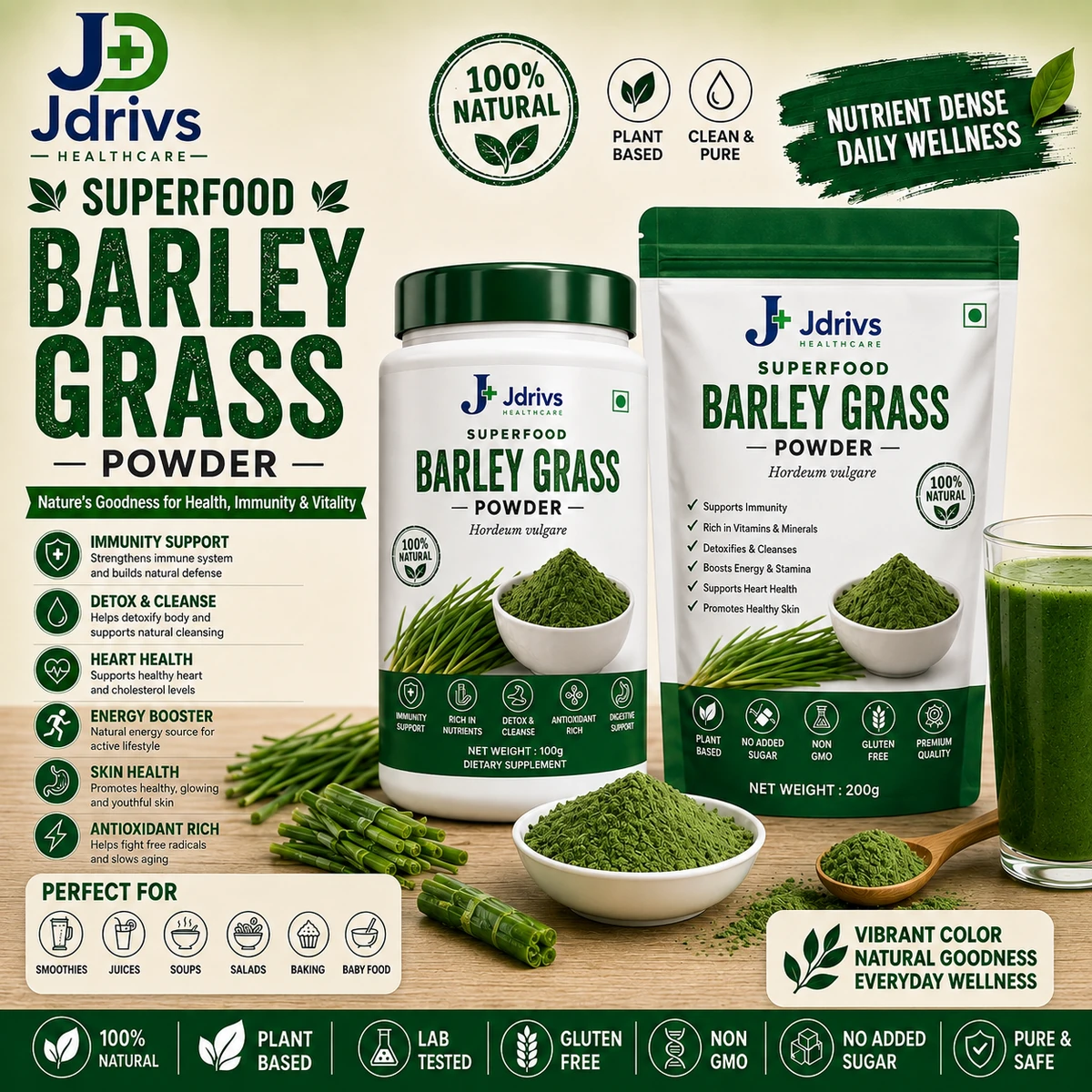 Jdrivs Superfood Barley Grass Powder, Hordeum vulgare - 100g jar and 200g pouch