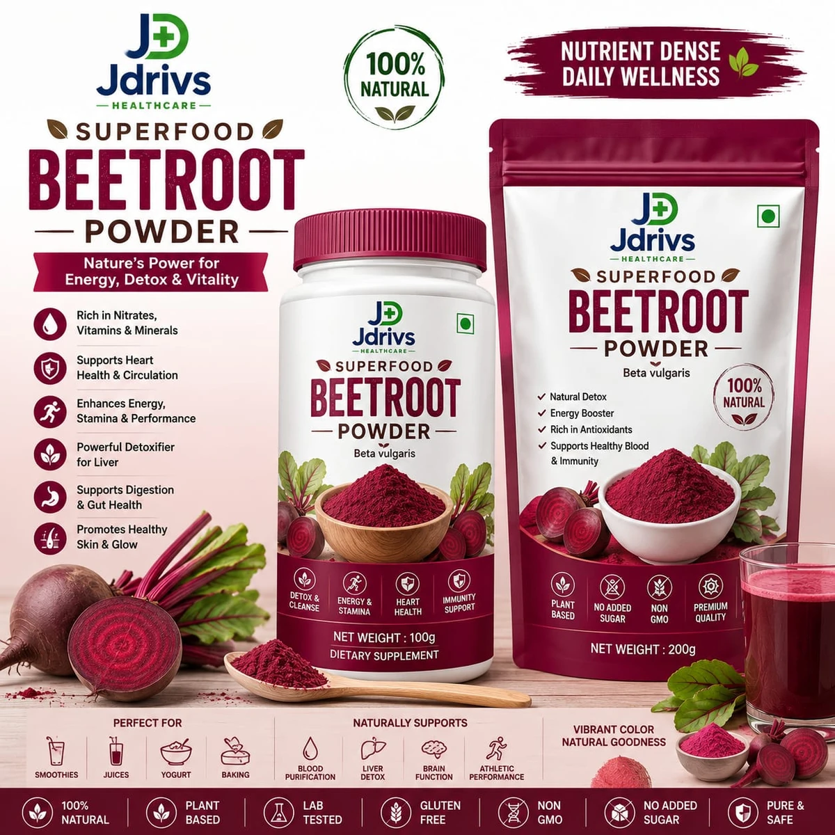 Jdrivs Superfood Beetroot Powder, Beta vulgaris - 100g jar and 200g pouch