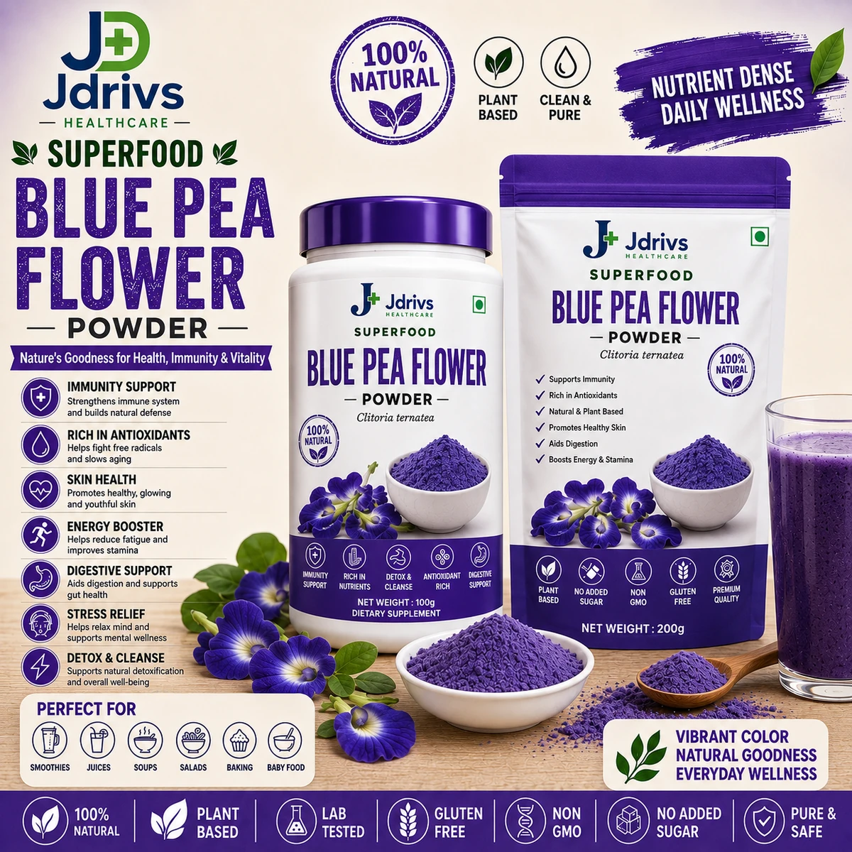 Jdrivs Superfood Blue Pea Flower Powder, Clitoria ternatea - 100g jar and 200g pouch