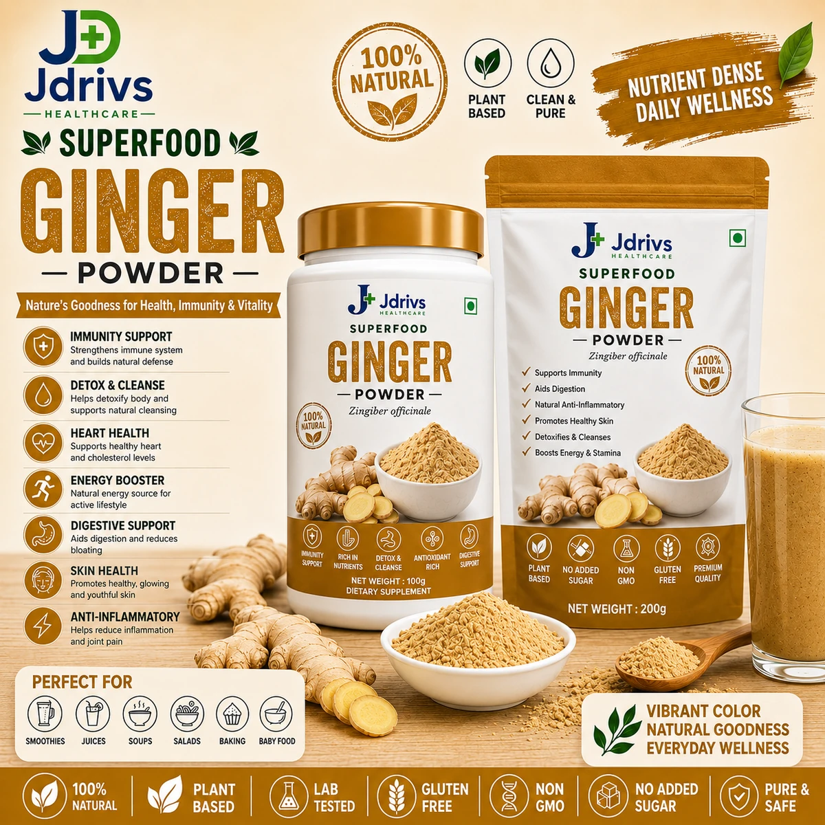 Jdrivs Superfood Ginger Powder, Zingiber officinale - 100g jar and 200g pouch