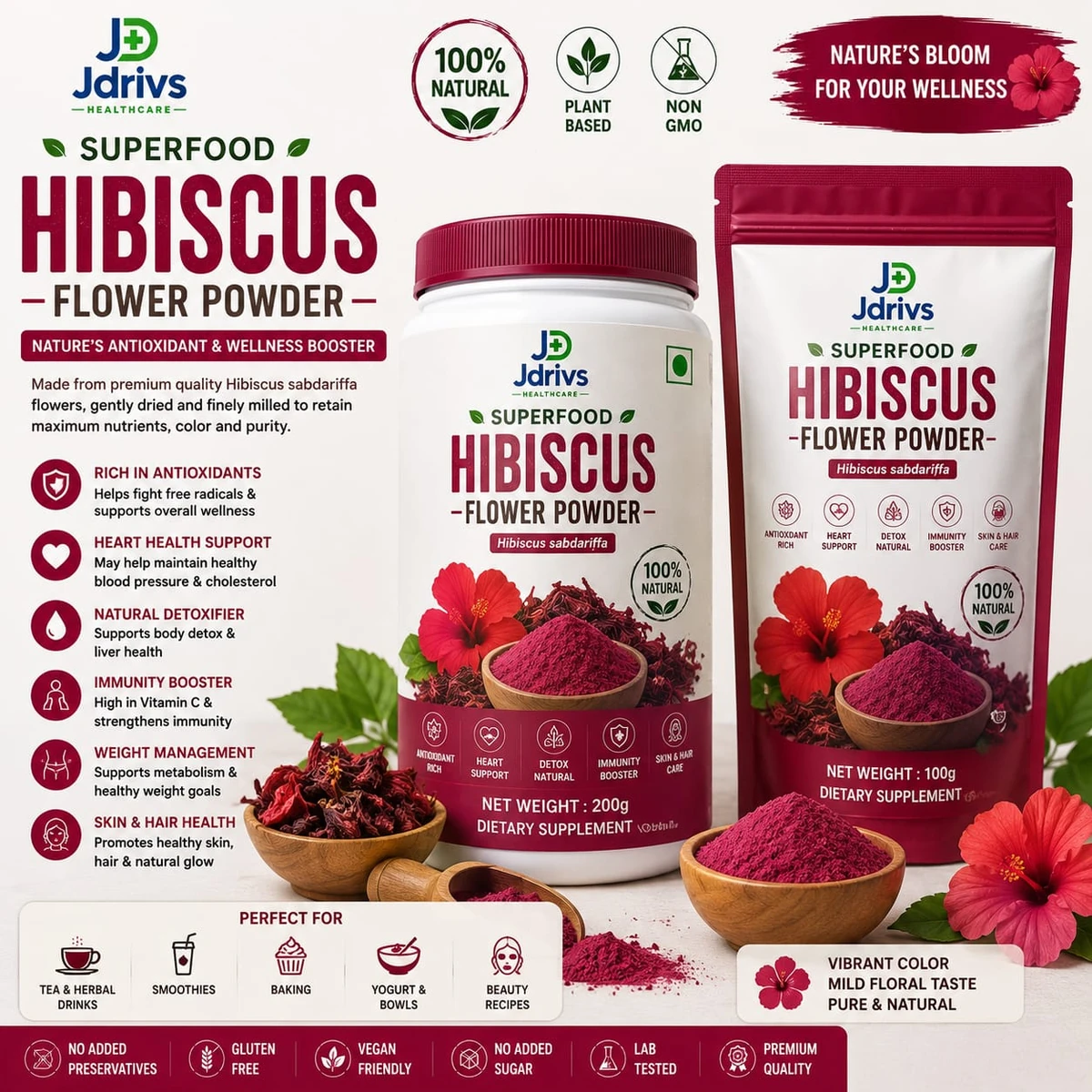 Jdrivs Superfood Hibiscus Flower Powder, Hibiscus sabdariffa - 100g jar and 200g pouch