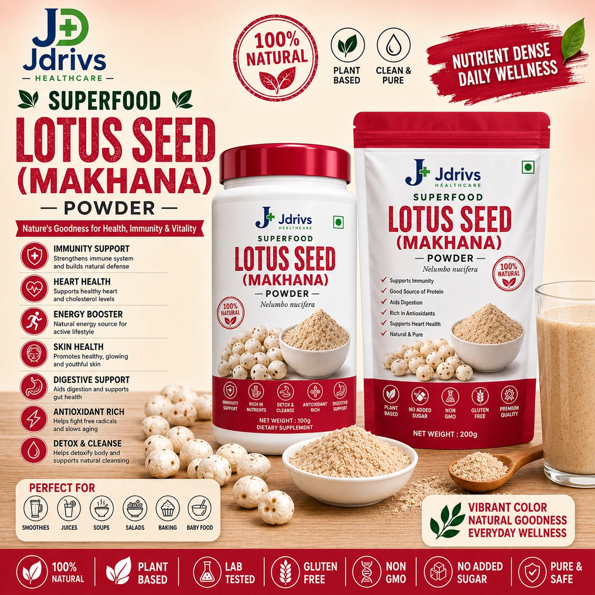 Jdrivs Superfood Lotus Seed Makhana Powder, Euryale ferox - 100g jar and 200g pouch