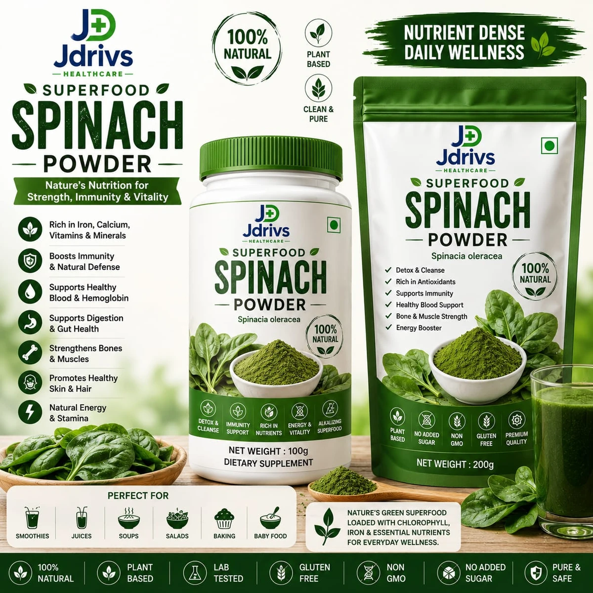 Jdrivs Superfood Spinach Powder, Spinacia oleracea - 100g jar and 200g pouch