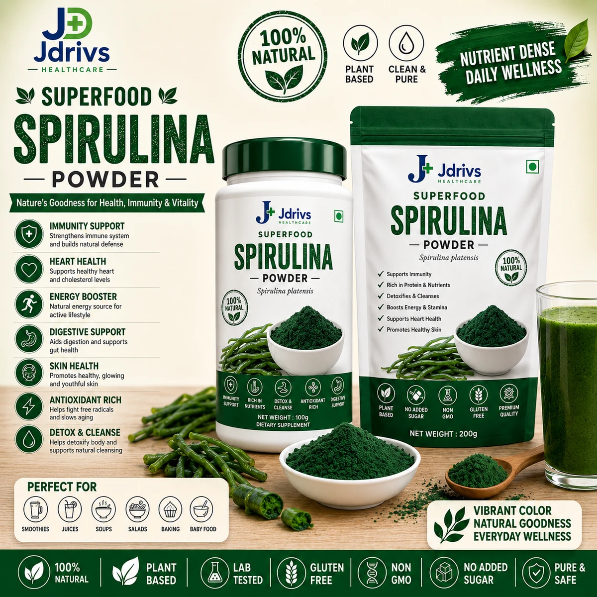 Jdrivs Superfood Spirulina Powder, Spirulina platensis - 100g jar and 200g pouch