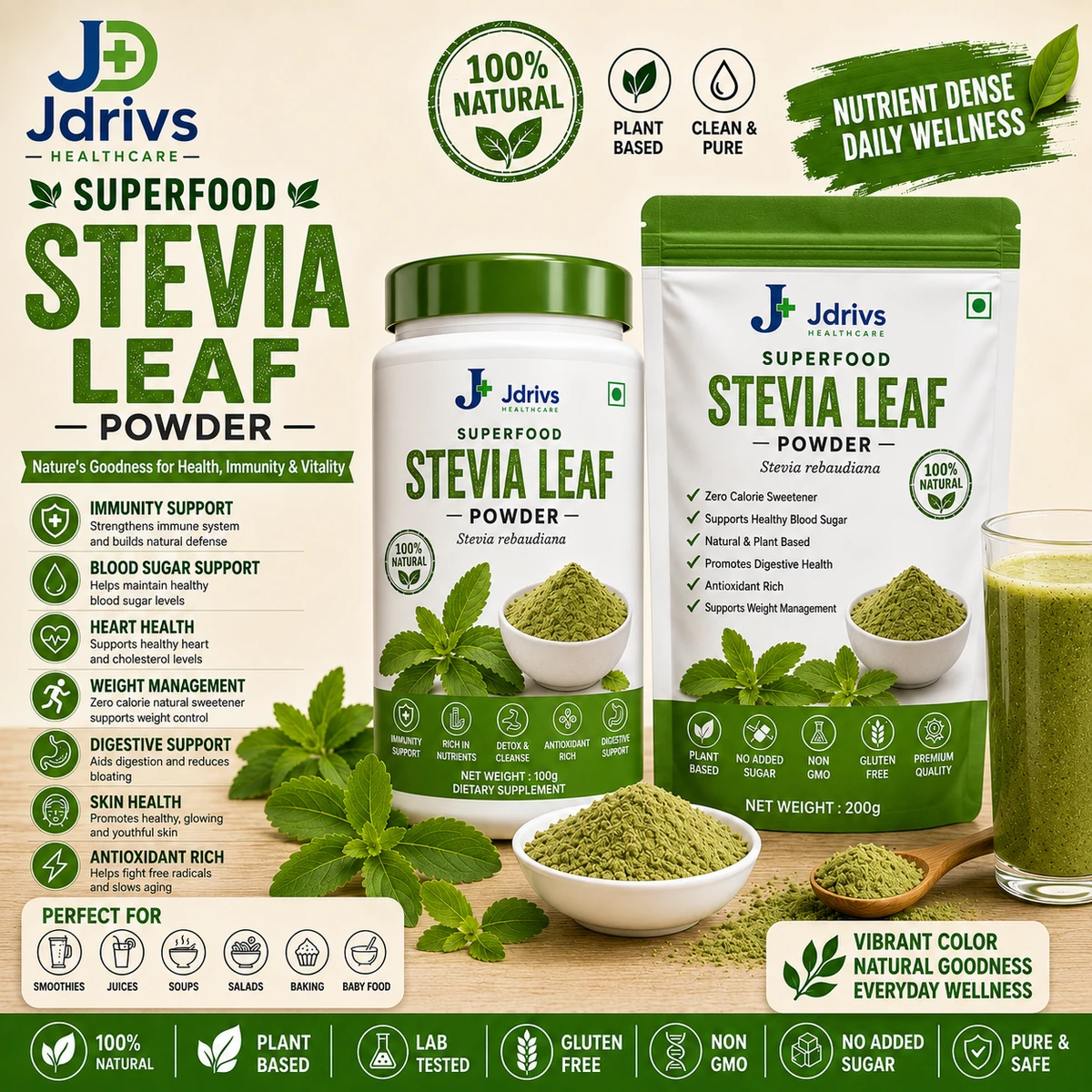 Jdrivs Superfood Stevia Leaf Powder, Stevia rebaudiana - 100g jar and 200g pouch