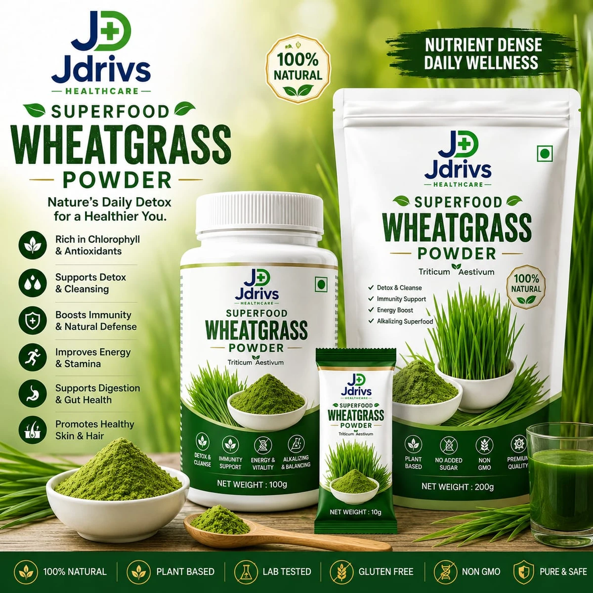 Jdrivs Superfood Wheatgrass Powder, Triticum aestivum - 100g jar, 200g pouch and 10g sachet